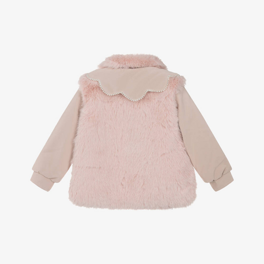BEAU KID GIRLS PINK FAUX FUR COAT WITH PEARL TRIMS