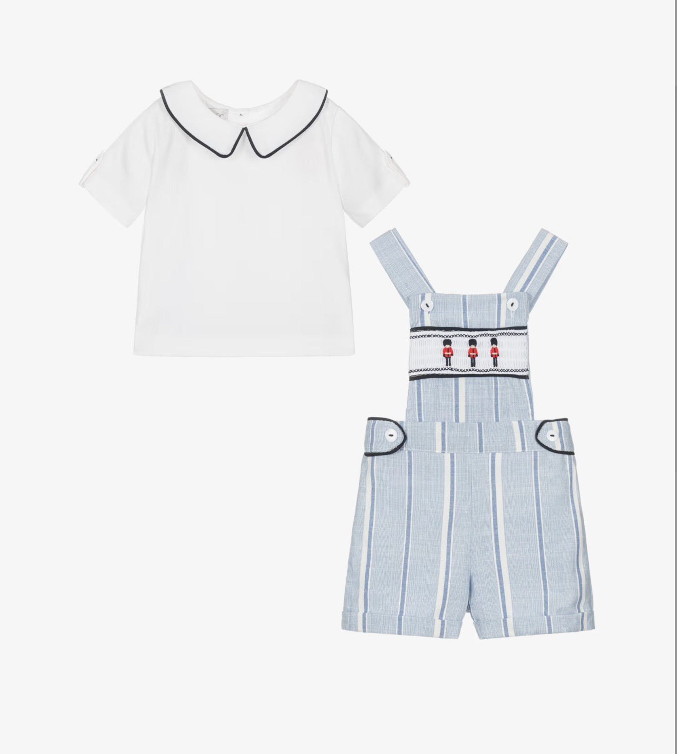 Beau Kid Boys Blue & White Cotton Embroidered Soldiers Dungarees Set