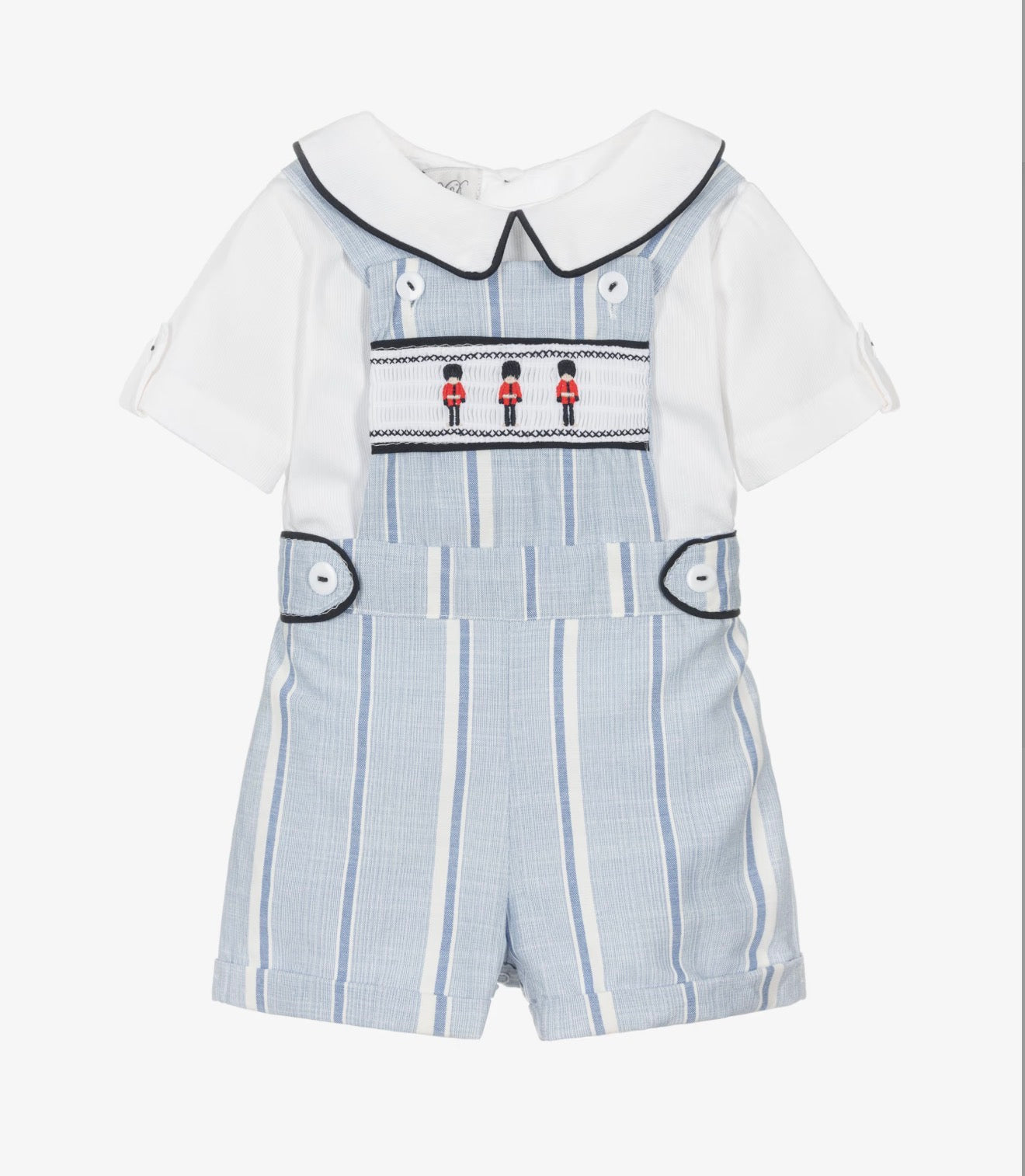 Beau Kid Boys Blue & White Cotton Embroidered Soldiers Dungarees Set