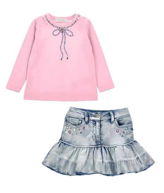 MONNALISA Jewels Pink Top and Skirt Set