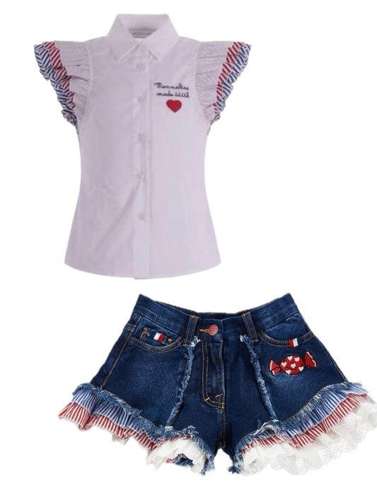Monnalisa Denim Shirt and Shorts Set