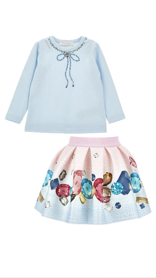 MONNALISA Jewels Blue Top and Skirt