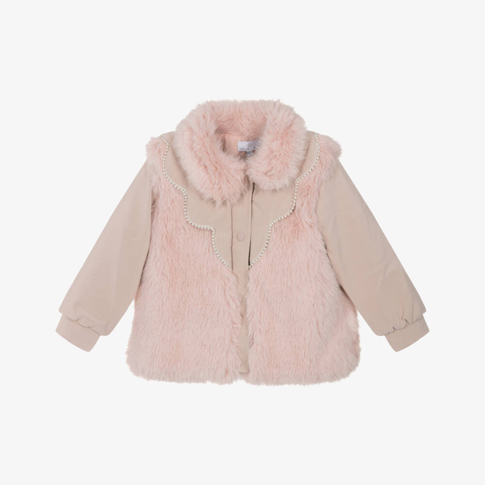 BEAU KID GIRLS PINK FAUX FUR COAT WITH PEARL TRIMS