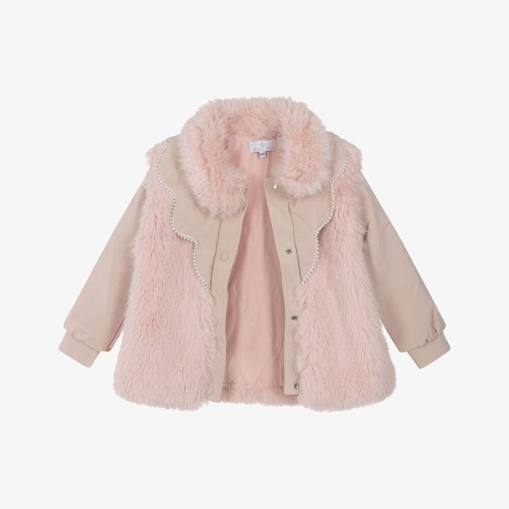 BEAU KID GIRLS PINK FAUX FUR COAT WITH PEARL TRIMS