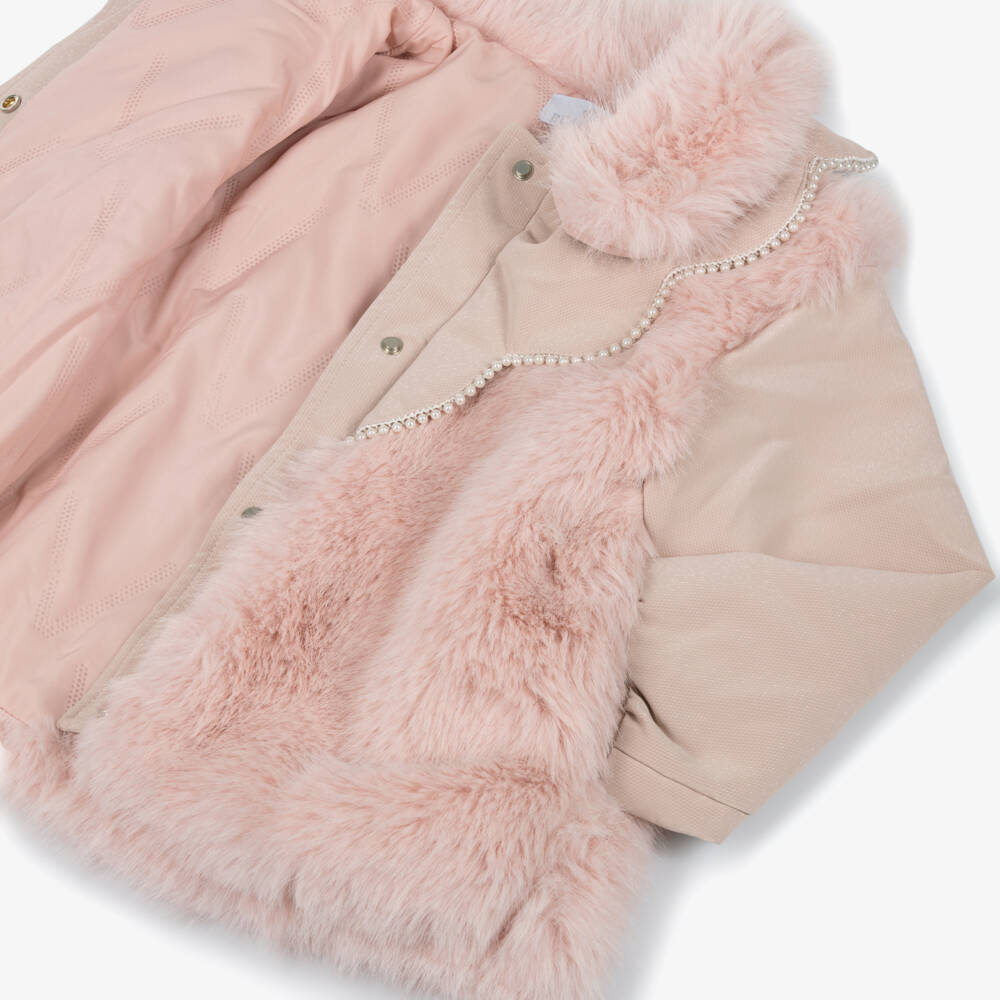 BEAU KID GIRLS PINK FAUX FUR COAT WITH PEARL TRIMS