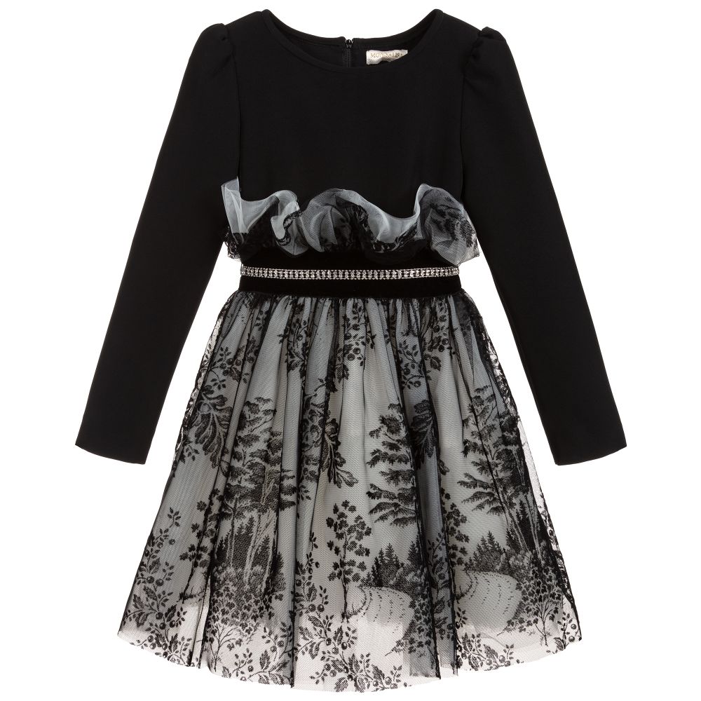MONNALISA Black Flocked Tulle Skirt Dress