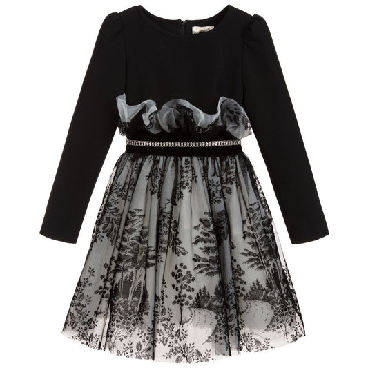 MONNALISA Black Flocked Tulle Skirt Dress